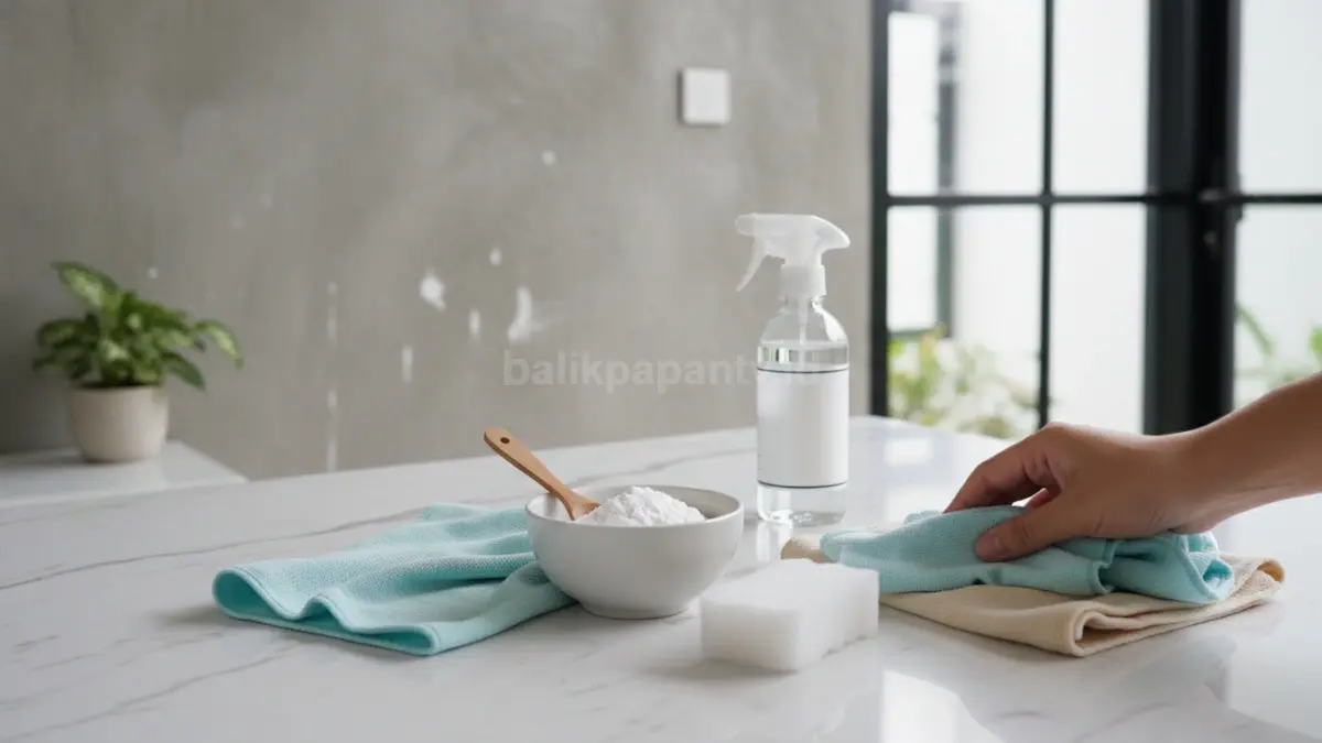 Berbagai alat pembersih sederhana untuk noda dinding seperti baking soda dan kain lembut.
