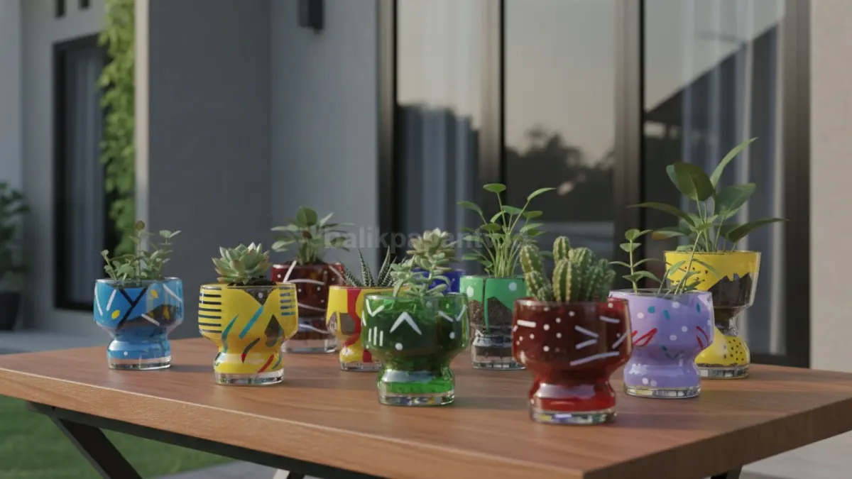 Berbagai model pot bunga dari gelas bekas dengan desain kreatif dan warna menarik
