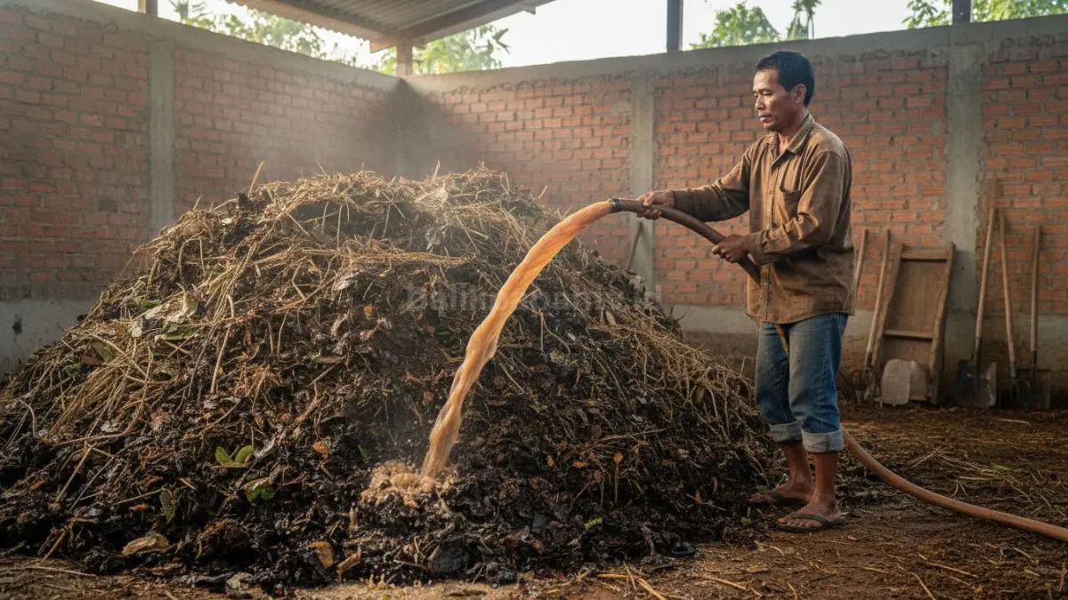 Cairan aktivator disiramkan ke campuran bahan untuk membantu proses fermentasi lebih cepat dan merata.