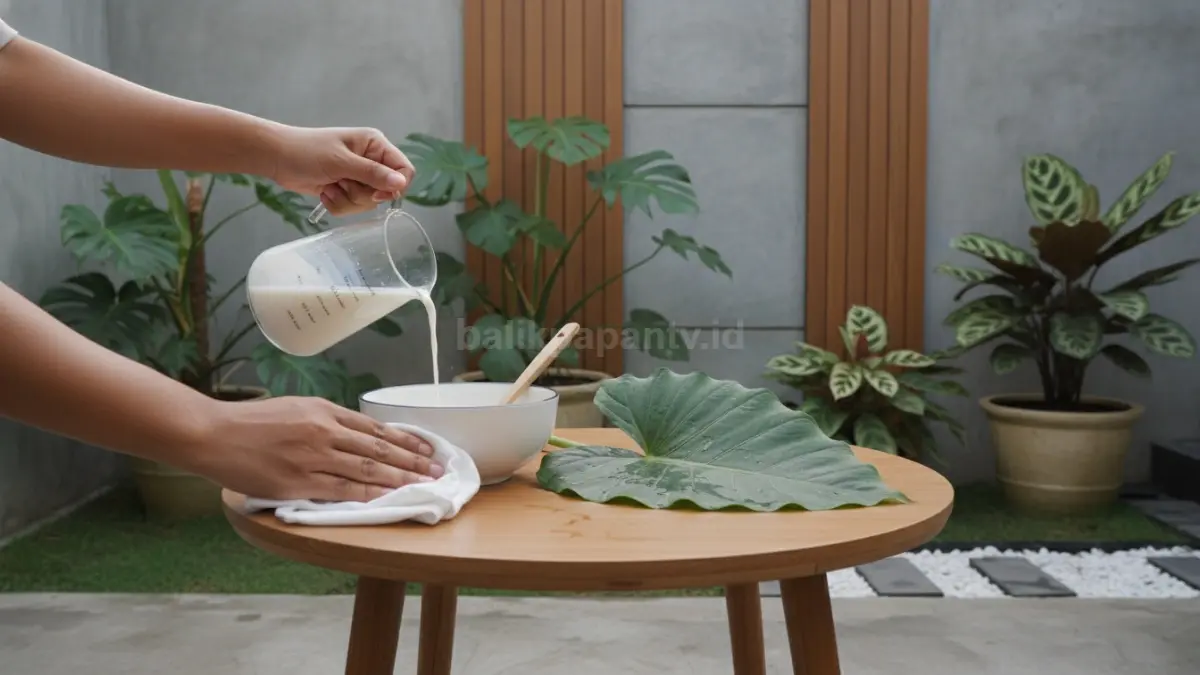 Campurkan susu dan air dengan perbandingan 1:3, lalu lap daun menggunakan kain lembut