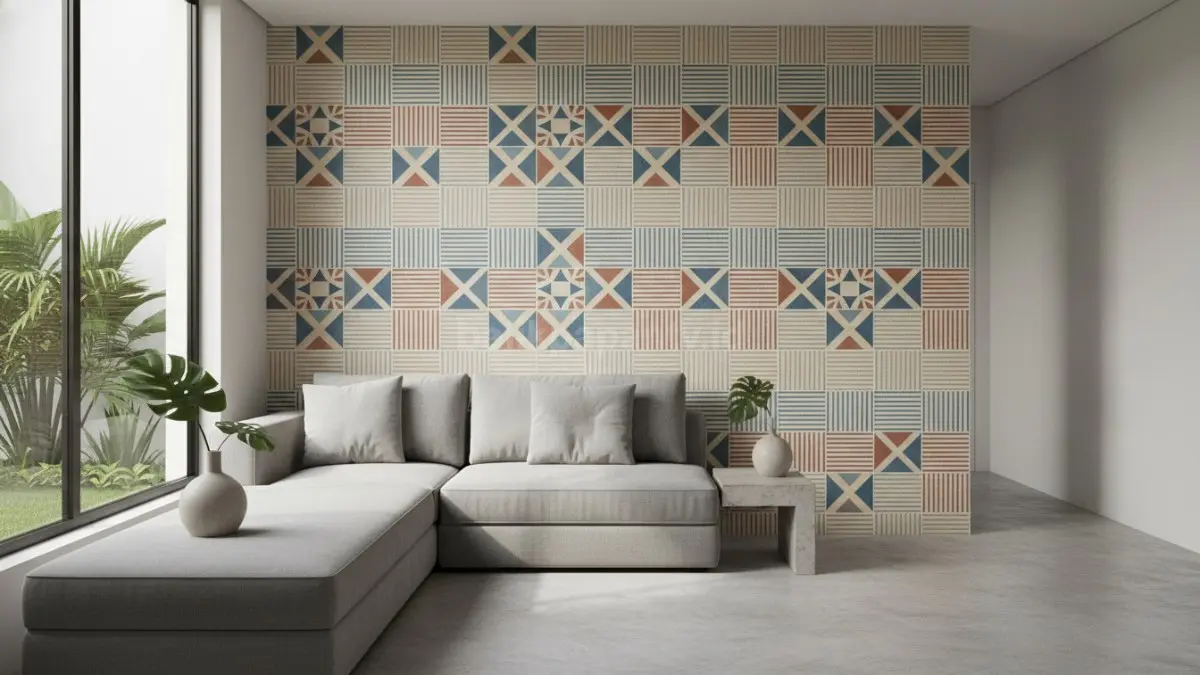 Contoh keramik motif geometris yang digunakan sebagai aksen dinding interior rumah.