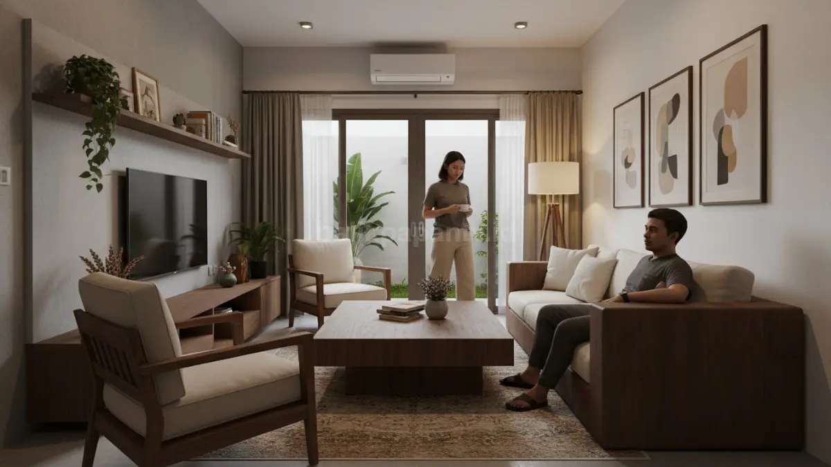 Contoh ruang tamu kecil yang terasa sempit akibat furnitur terlalu besar