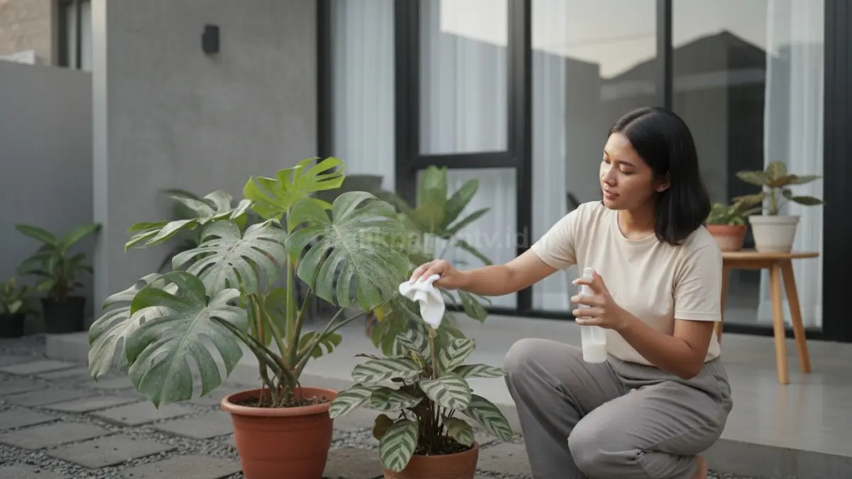 Daun tanaman hias dibersihkan dengan kain dan larutan susu encer