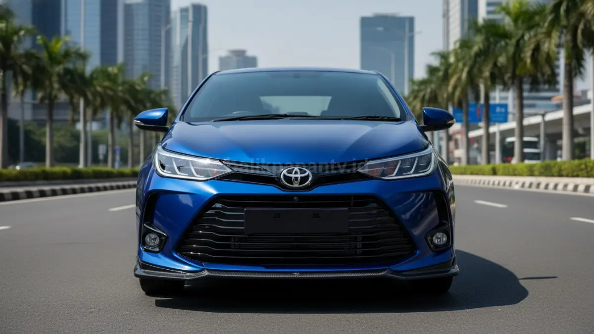 Desain depan Toyota Vios 2023 dengan lampu tajam dan tampilan sporty.