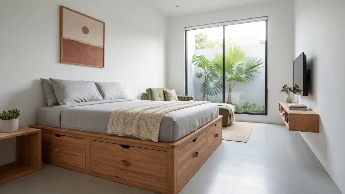 Desain kamar kecil dengan tempat tidur laci yang efisien dan tertata rapi