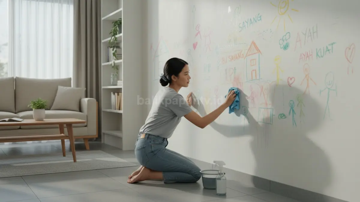 Dinding rumah dengan coretan anak dan proses pembersihan menggunakan kain microfiber, visual realita rumah modern.