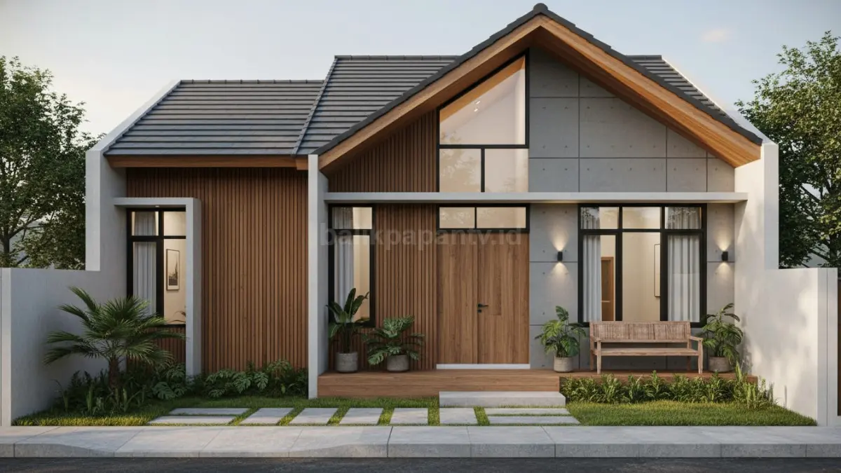 Fasad kayu alami dengan atap sandar modern, hunian elegan di lahan terbatas.