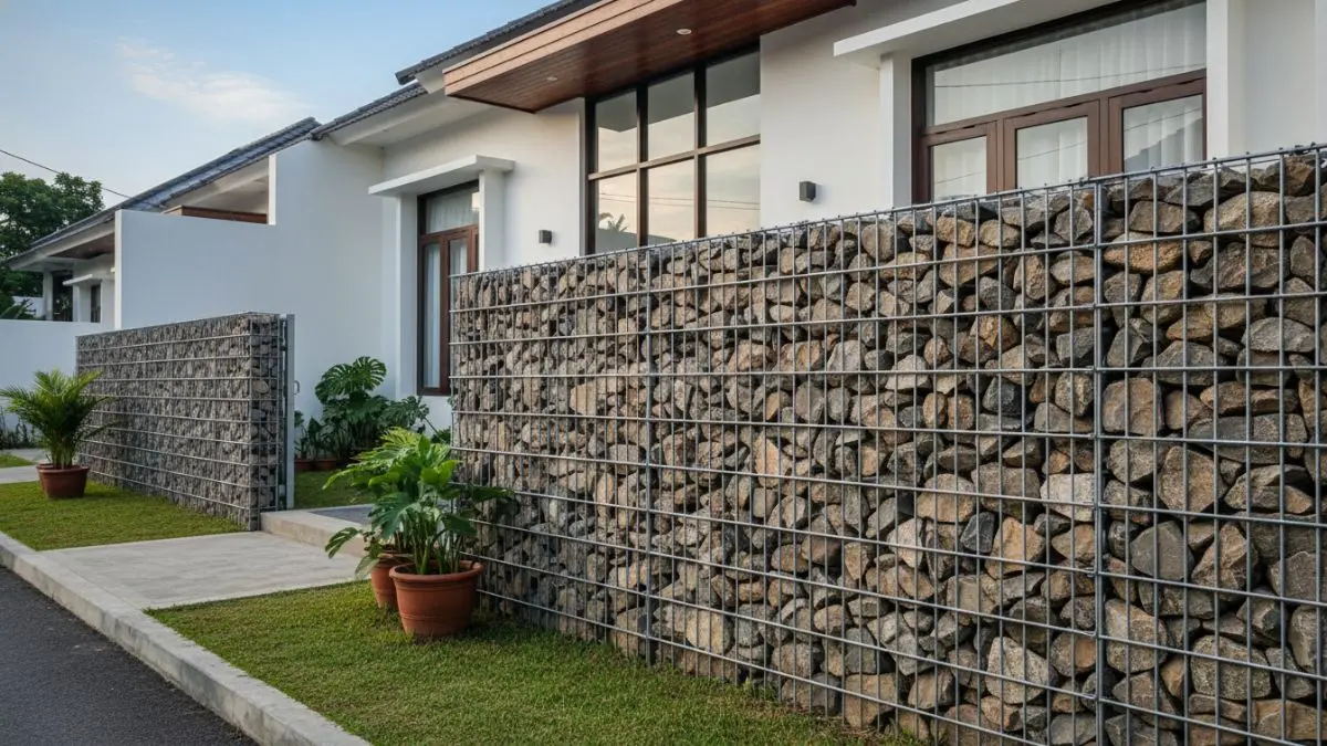 Gabion stone wall dengan besi galvanis, kontemporer