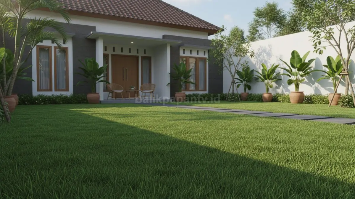 Halaman Rumah dengan Rumput Jepang Hijau Rapi
