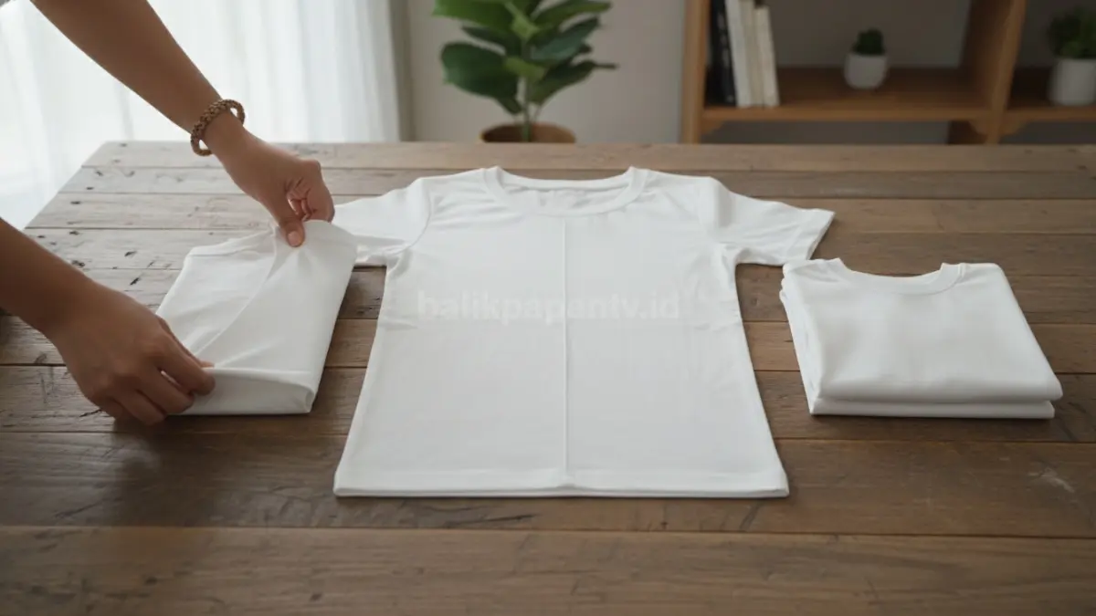 Ilustrasi baju terbentang, sisi kiri dan kanan dilipat ke arah tengah hingga membentuk garis lurus di tengah, lalu bagian bawah dilipat ke atas menjadi bentuk rapi persegi.