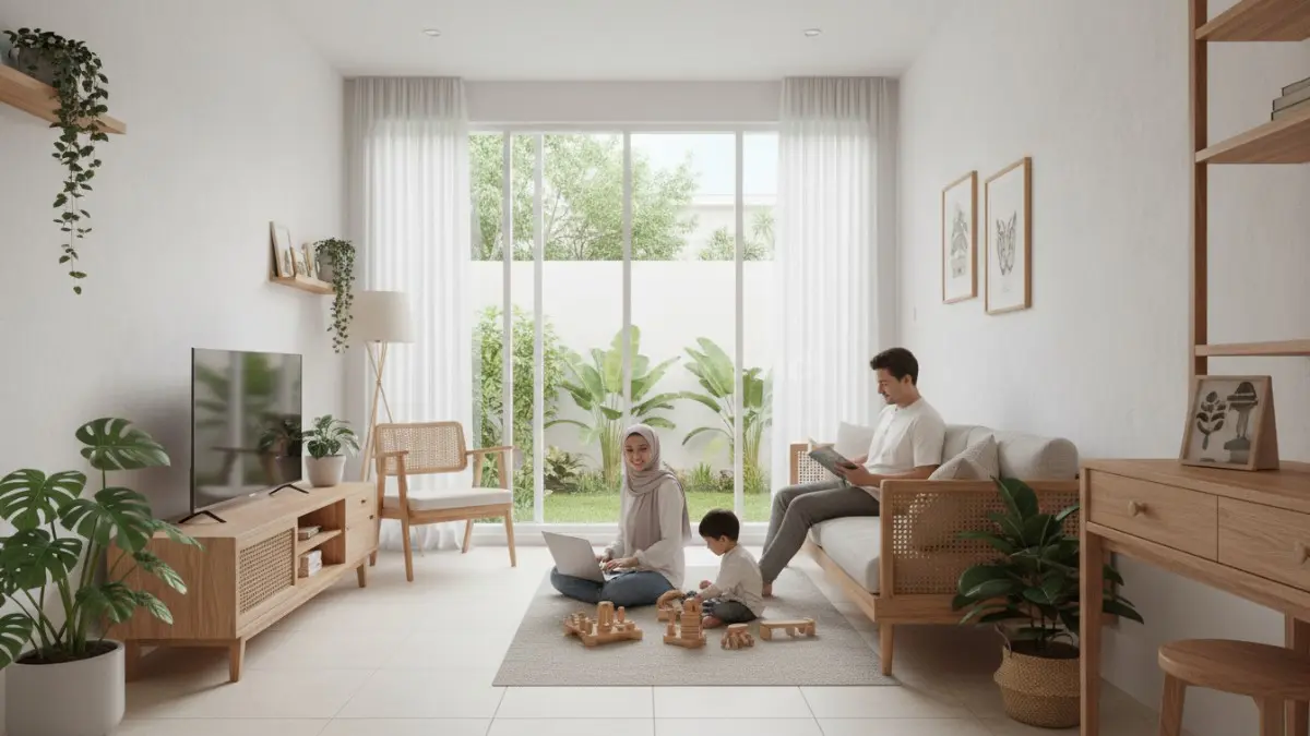 Interior rumah minimalis dengan pencahayaan alami masuk dari jendela besar, suasana terang dan nyaman
