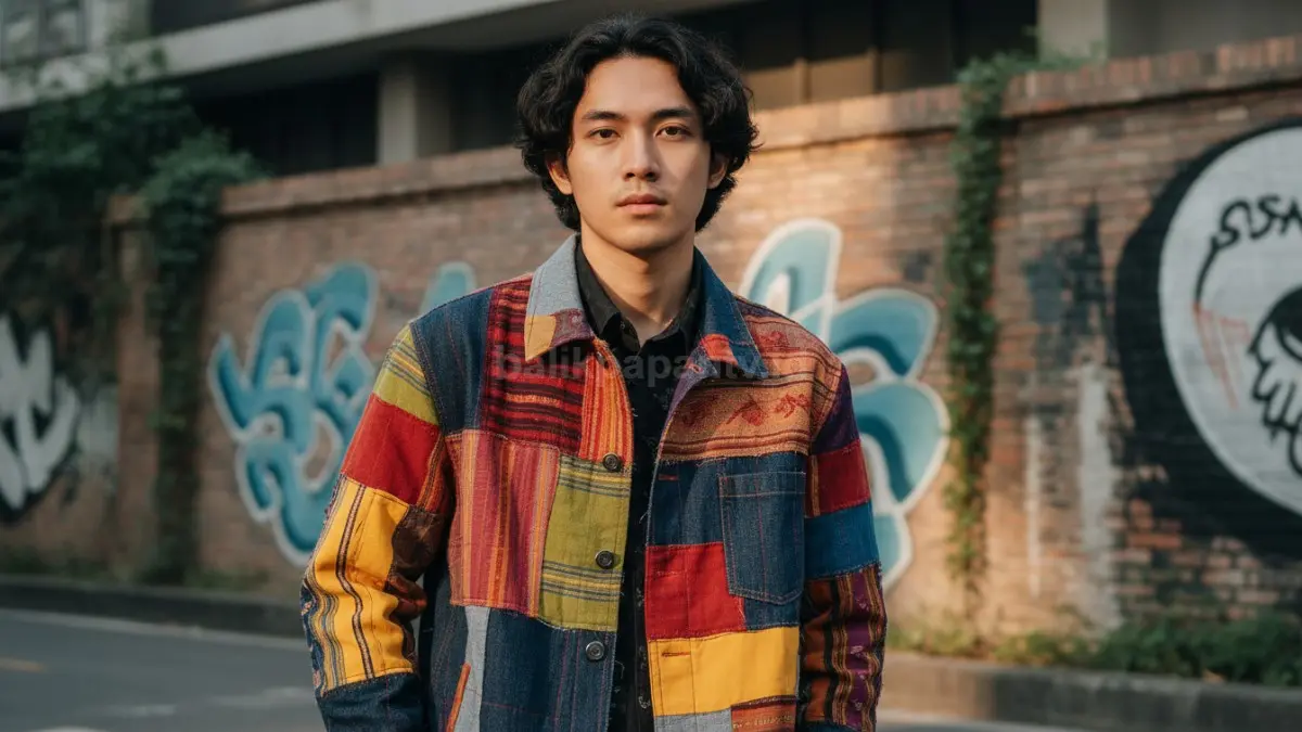 Jaket dengan kombinasi berbagai warna dan pola kain yang dijahit menjadi satu.