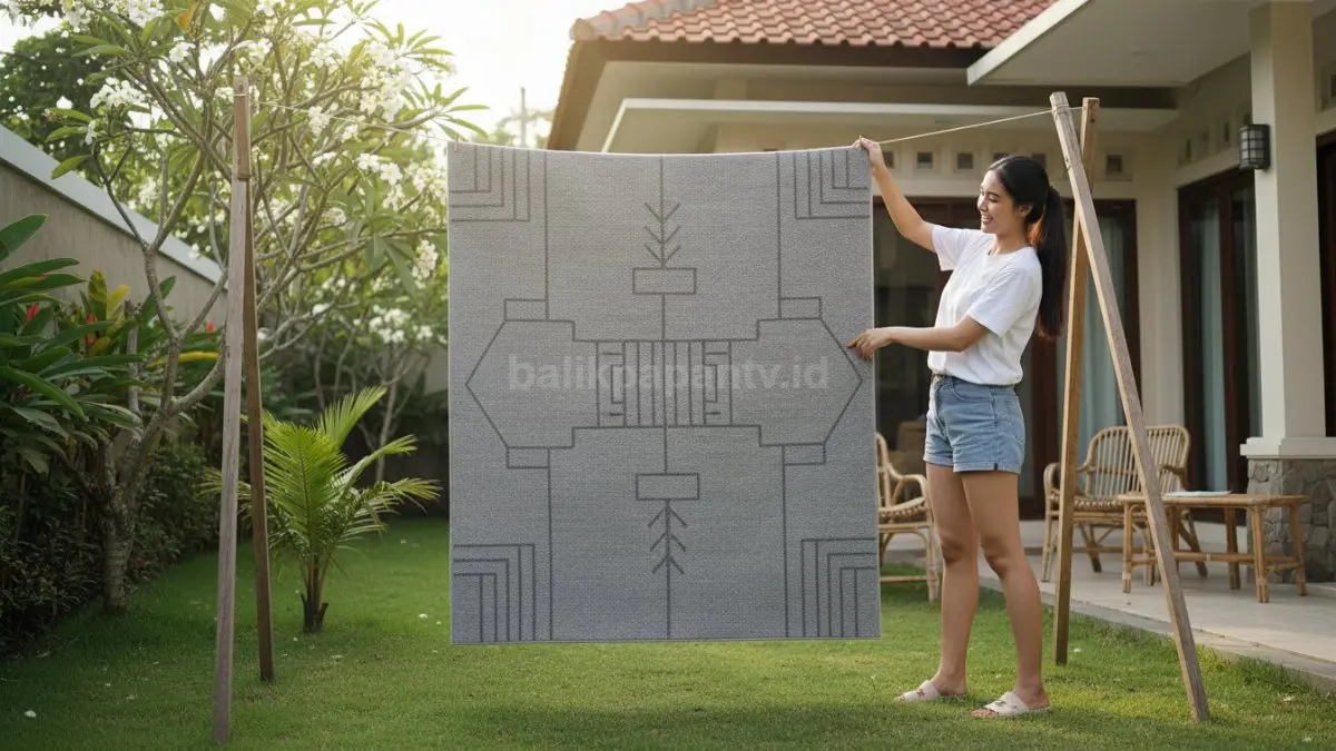 Karpet digantung di bawah sinar matahari untuk menjaga kebersihan dan menghindari jamur.