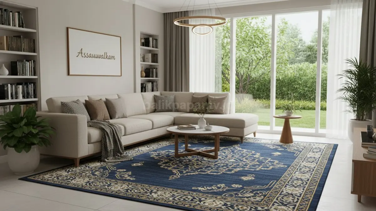 Karpet ruang tamu Islami dengan nuansa hangat menyatu dengan sofa modern, tampil elegan dan nyaman