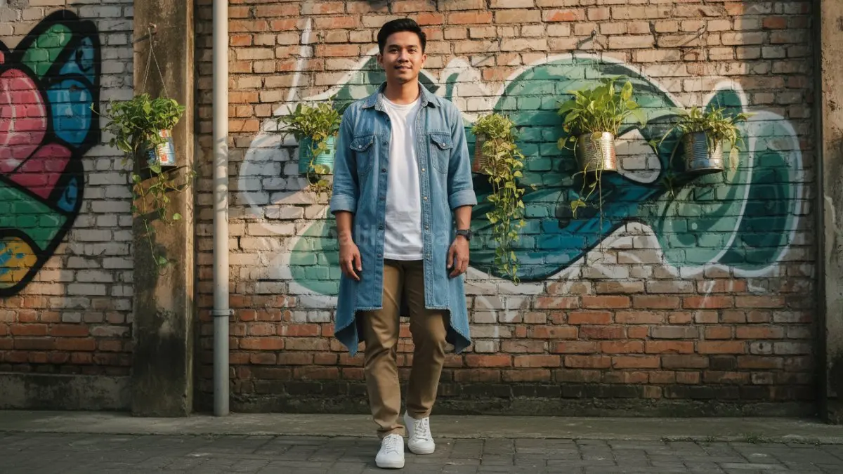 Kemeja pria longgar yang diubah jadi outer dengan potongan lebih modern.