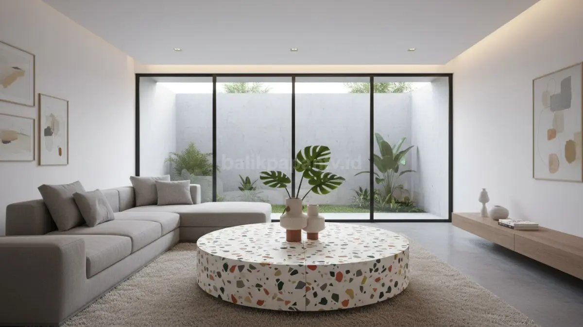 Keramik desain unik dengan motif terrazzo di ruang tamu modern yang estetik dan kekinian.
