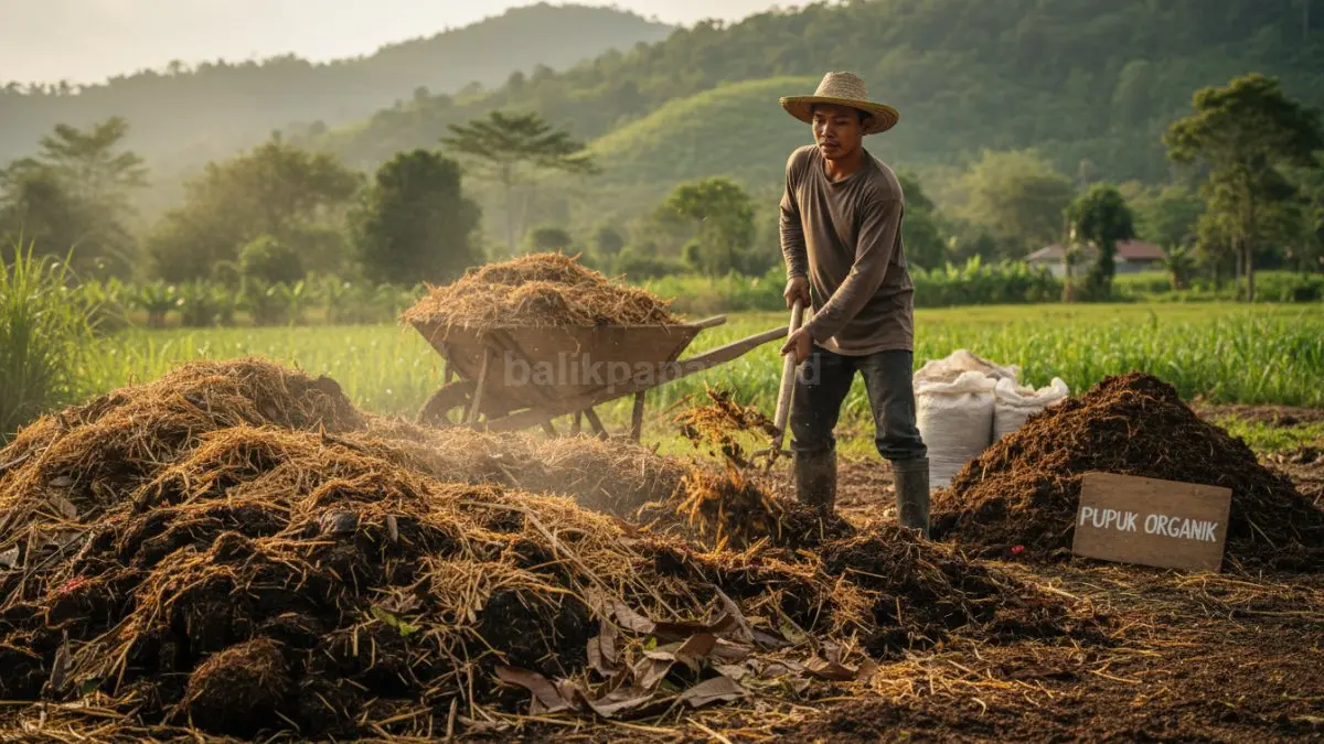 Kotoran sapi dicampur dengan sekam, jerami, atau daun kering untuk menyeimbangkan kadar air dan mempercepat pengomposan.