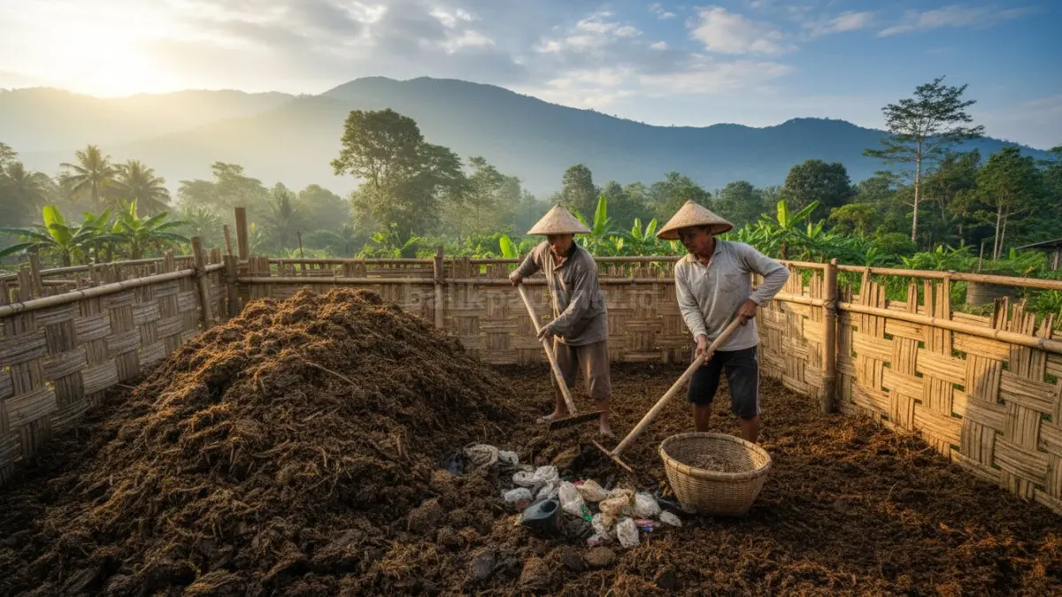 Kotoran sapi segar dikumpulkan di satu area, dipisahkan dari batu, plastik, atau benda lain yang mengganggu proses.