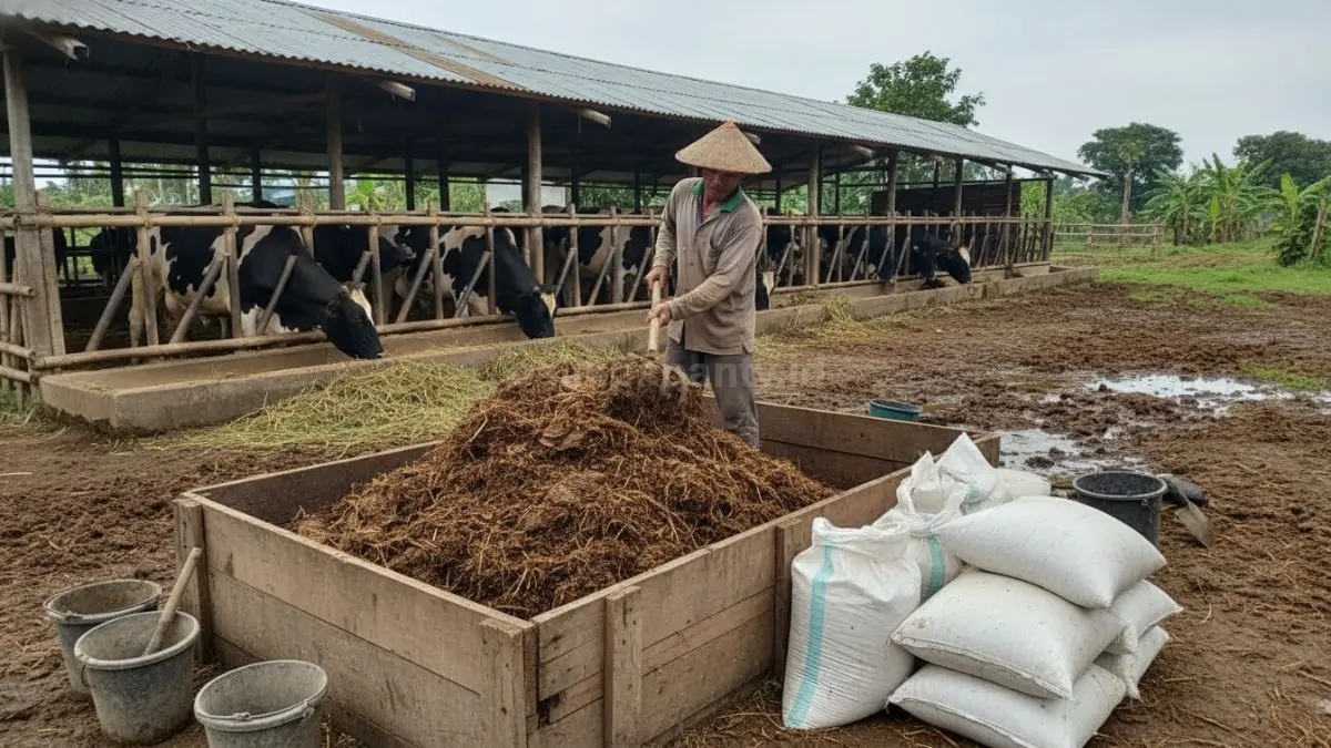 Kotoran sapi segar yang dikumpulkan sebagai bahan dasar pupuk organik.