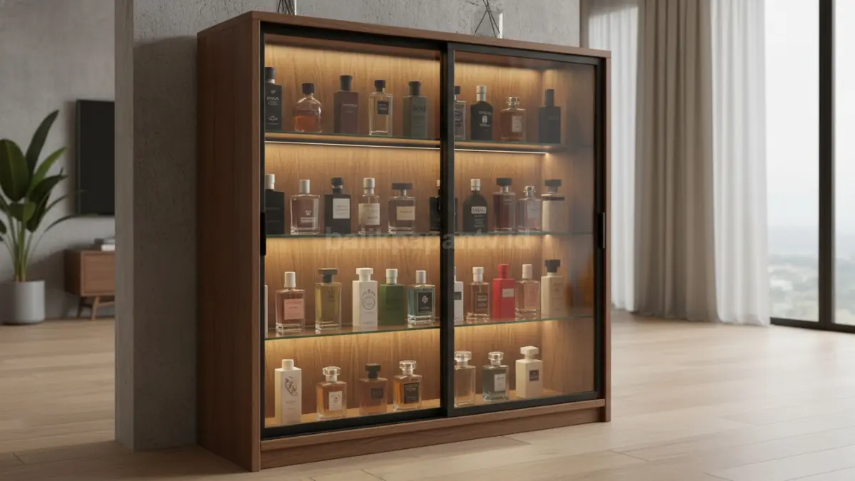 Lemari parfum modern dengan pencahayaan lembut di dalam ruangan