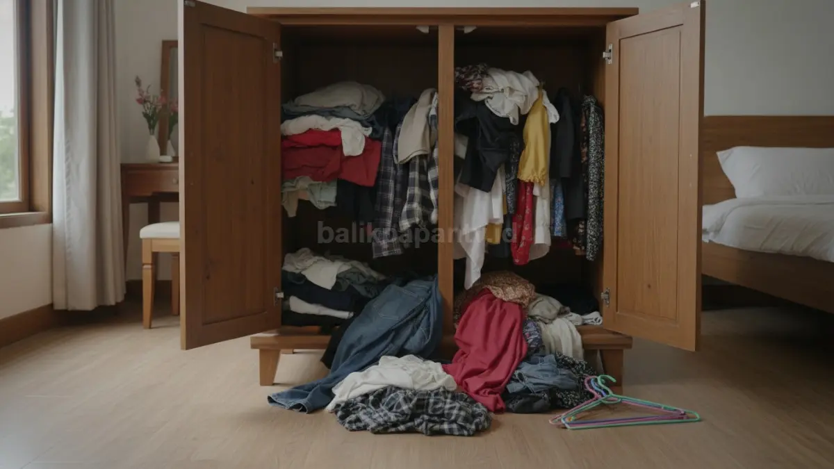 Lemari penuh pakaian yang jarang dipakai, menunjukkan kondisi umum sebelum DIY dimulai.