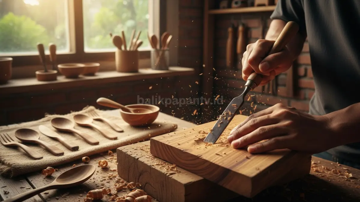 Menampilkan detail serat kayu jati atau mahoni yang memperlihatkan tekstur alami dan warna hangat.