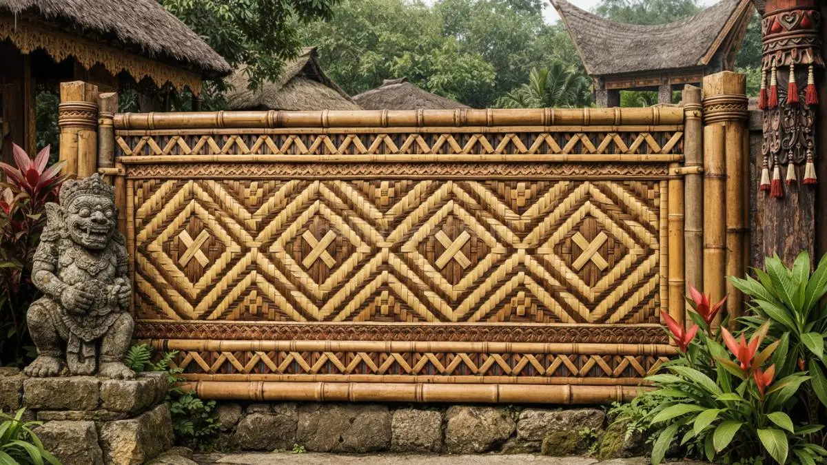 Pagar bambu anyaman dekoratif motif tradisional di rumah desa.