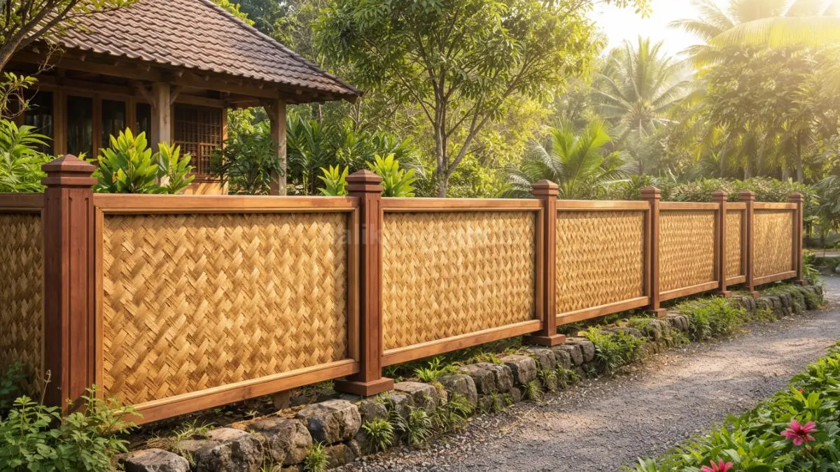 Pagar bambu anyaman kombinasi kayu di rumah desa.