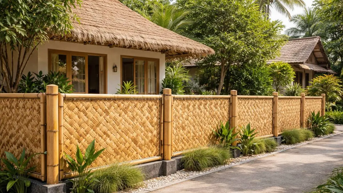 Pagar bambu anyaman modern di rumah desa dengan nuansa alami dan estetika minimalis yang hangat.