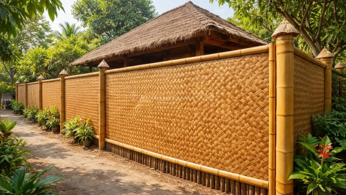 Pagar bambu anyaman rapat semi privasi di rumah desa.