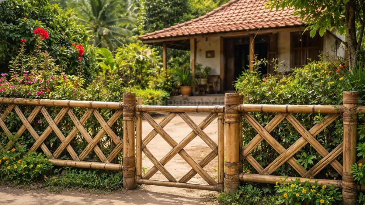 Pagar bambu anyaman silang klasik di rumah desa. 