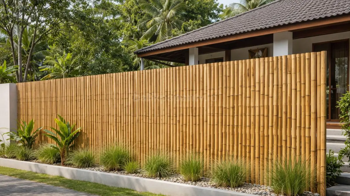 Pagar bambu anyaman vertikal modern di rumah desa.