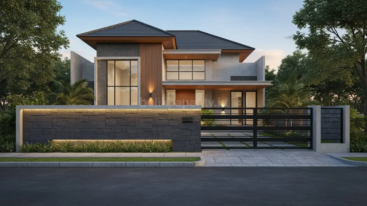 Pagar batu alam dengan besi hollow hitam, elegan dan modern