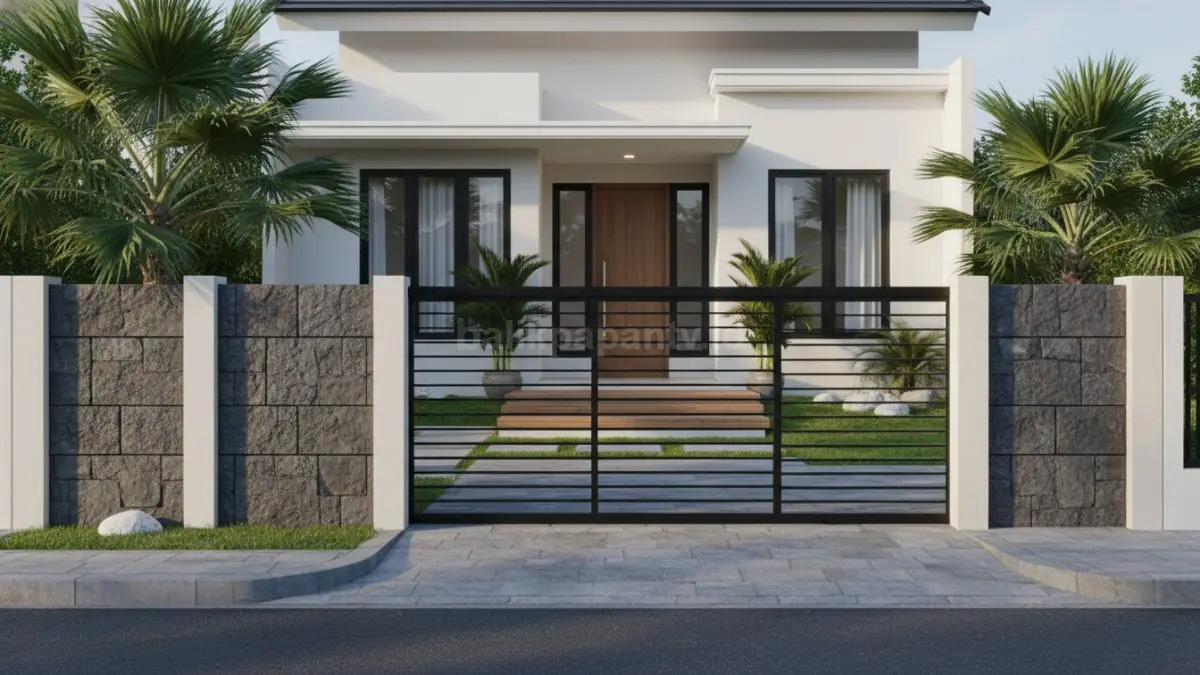 Pagar modular dengan panel batu alam dan besi, mudah dikustomisasi.