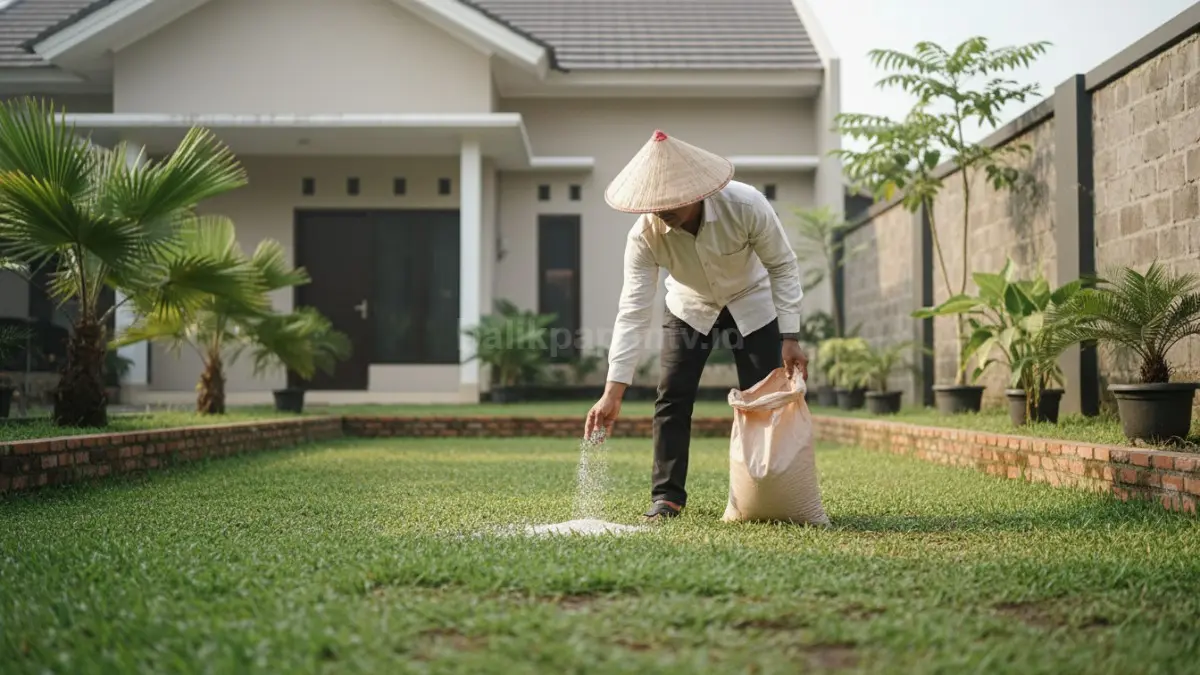 Penaburan Pupuk pada Rumput Jepang