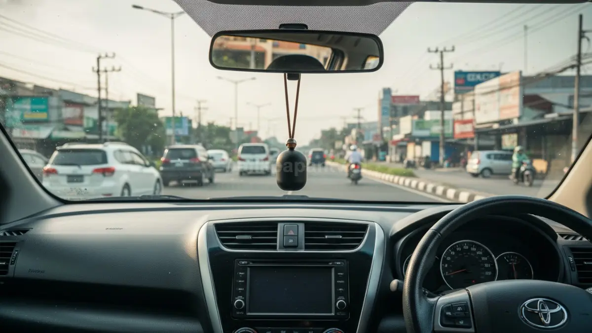 Pengharum mobil terpasang di dalam kabin dengan tampilan sederhana.