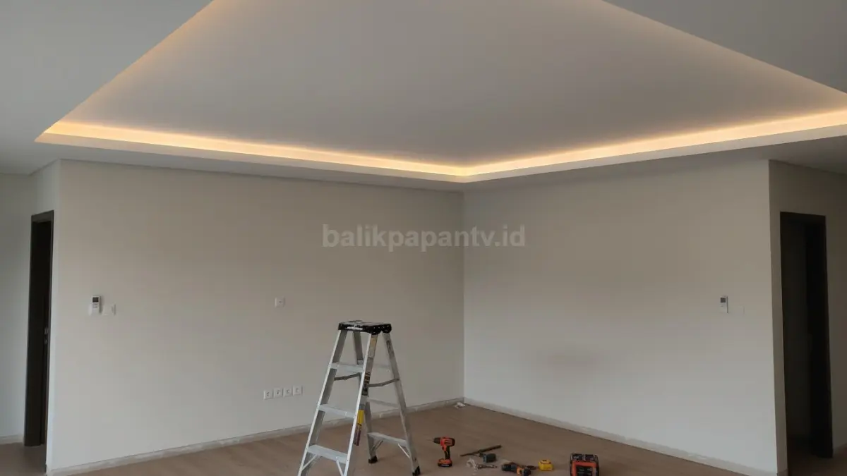 Permukaan plafon terlihat rata dan halus dengan pencahayaan lampu yang memperlihatkan hasil presisi