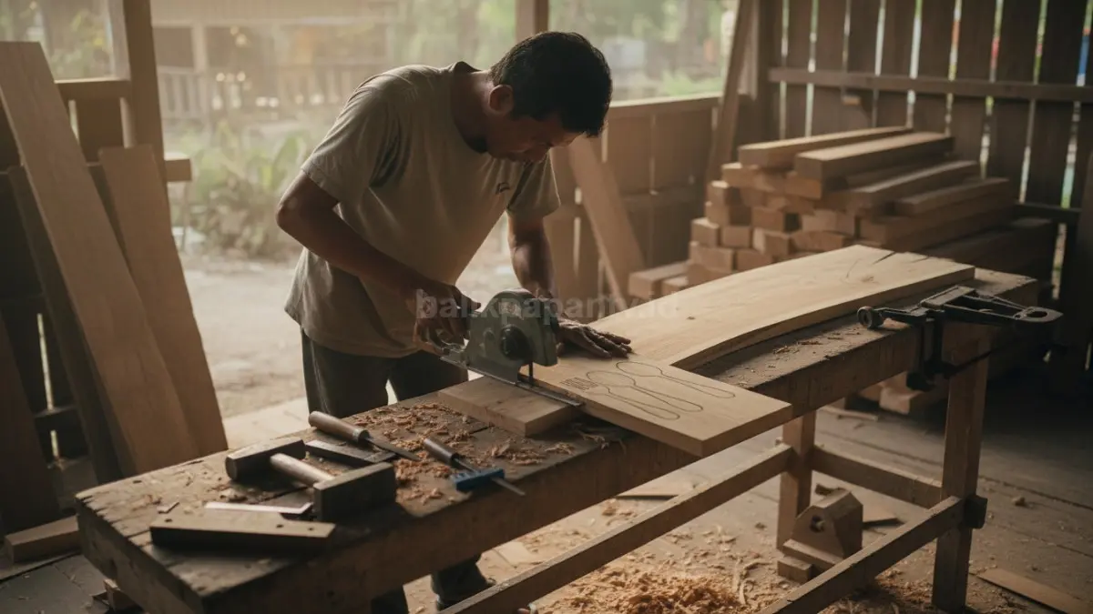 Potong kayu mengikuti pola menggunakan gergaji manual atau mesin agar bentuk dasar terbentuk.