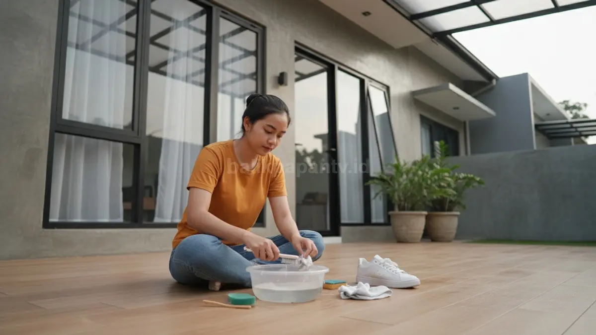 Proses membersihkan noda di sepatu  dengan alat sederhana di rumah
