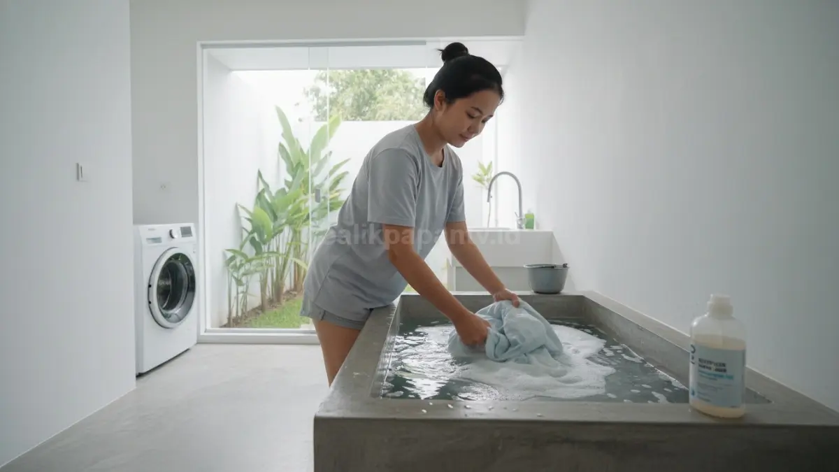 Proses mencuci bed cover menggunakan air dingin dan deterjen lembut

