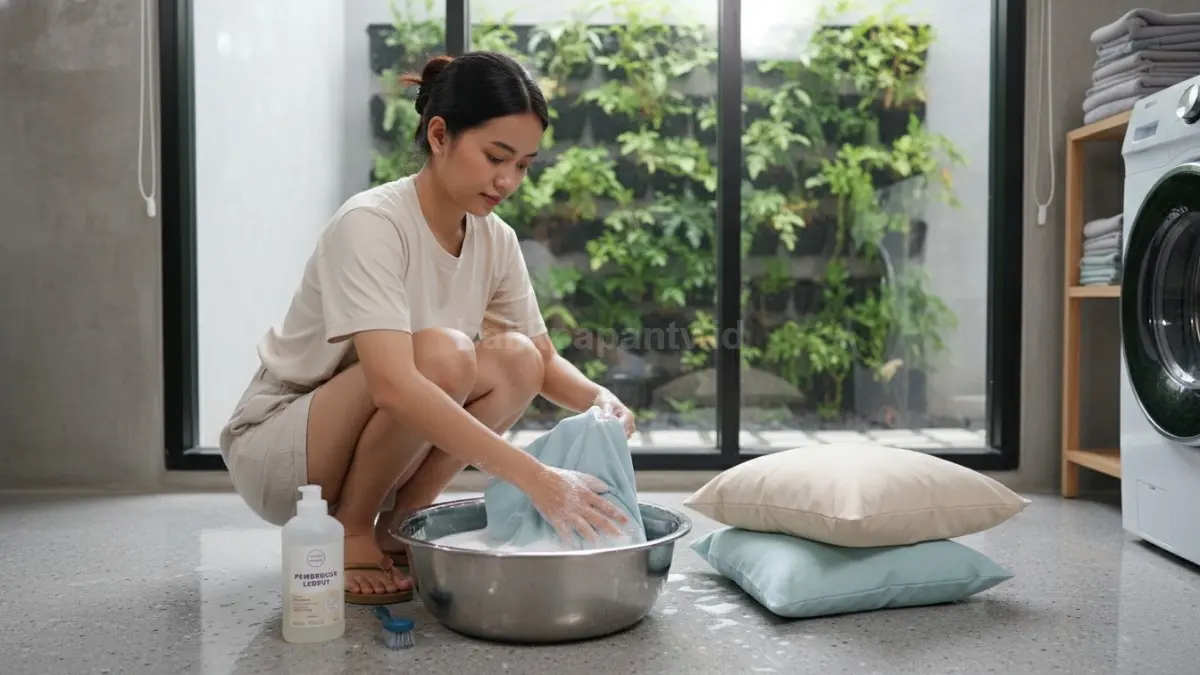 Proses mencuci sarung bantal sofa dengan air dan deterjen ringan
