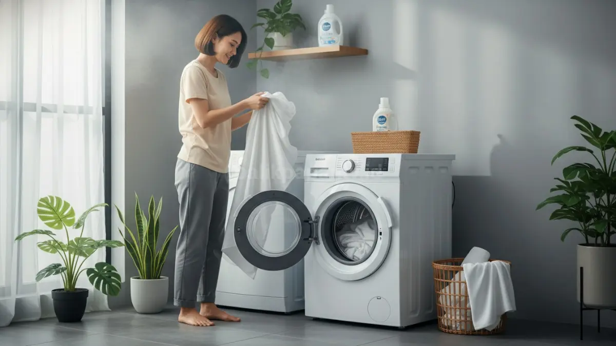 Proses mencuci sprei dengan mesin cuci dan air hangat, teknik yang benar
