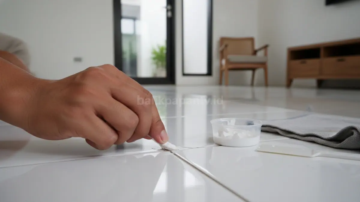 Proses perbaikan keramik menggunakan epoxy filler sederhana di rumah
