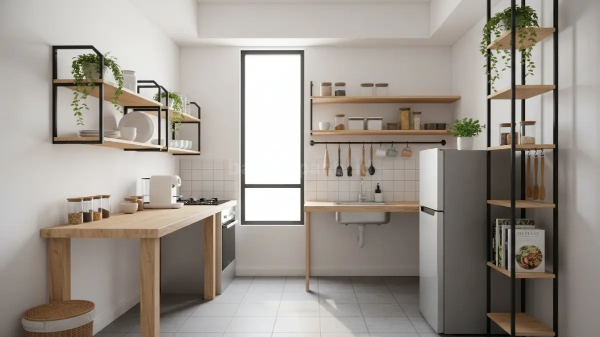 Rak gantung dapur modern, hemat ruang, estetik, cocok untuk hunian mungil.