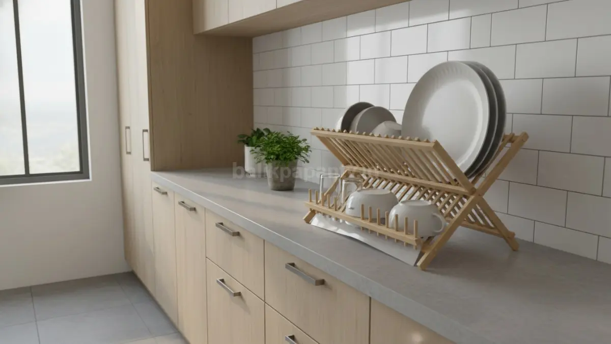 Rak piring bambu minimalis di dapur kecil, tampil natural dan hemat ruang, siapa pun bisa coba bikin sendiri
