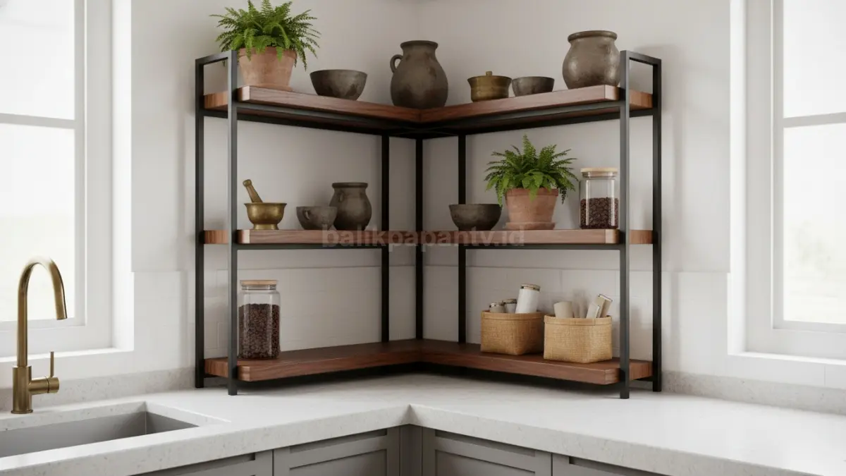Rak sudut L, memanfaatkan pojok dapur kecil dengan maksimal.