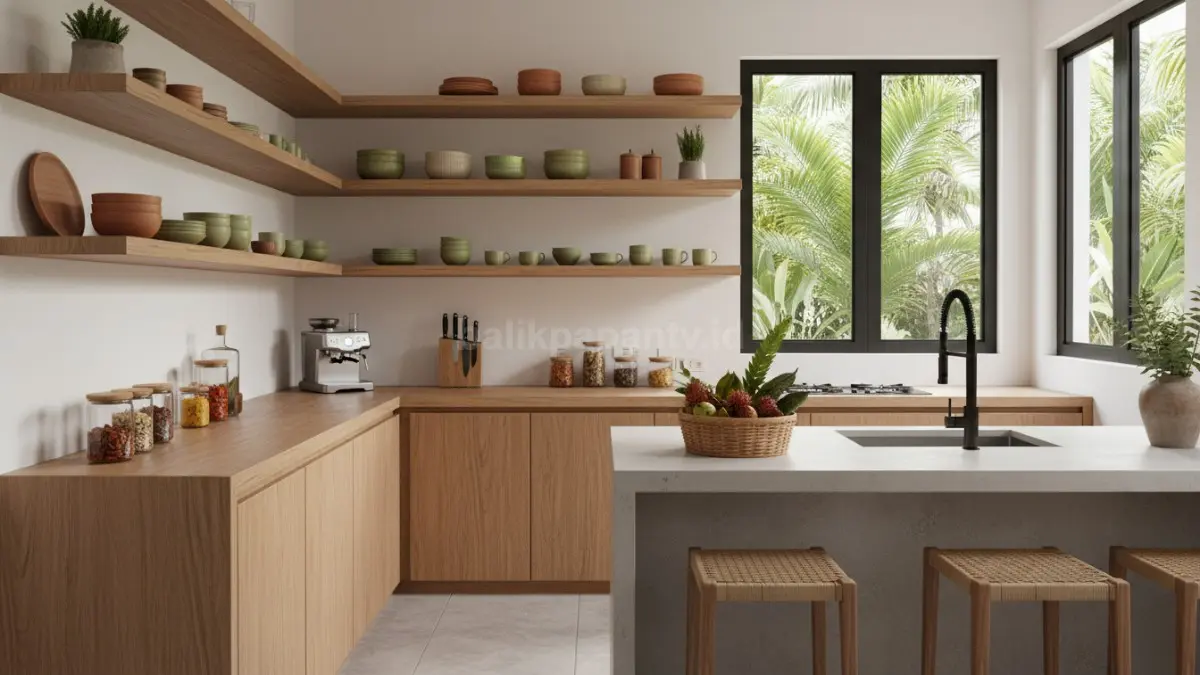 Rak terbuka (open shelf) bikin dapur terlihat lega dan rapi.