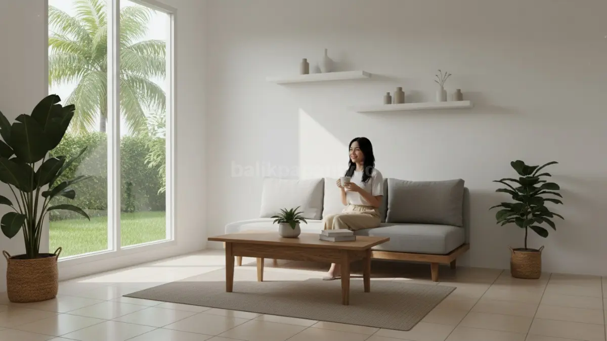 Ruang tamu kecil modern dengan furnitur minimalis dan pencahayaan alami yang membuat ruangan terasa luas
