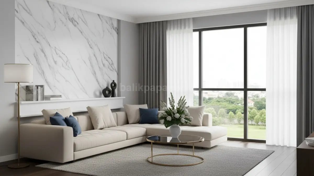 Ruang tamu modern dengan wallpaper elegan motif marmer sebagai focal point