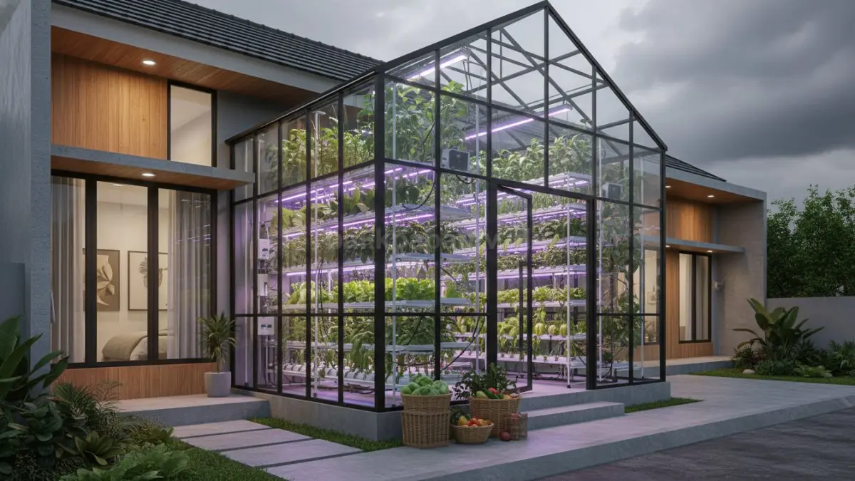 Rumah kaca modern dengan tanaman hijau tumbuh rapi di dalamnya